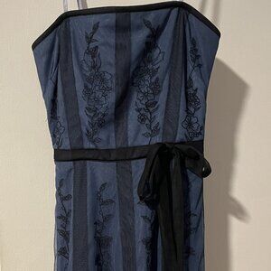 BCBG Max Azria Blue Strapless Midi Dress w/ Tulle Overlay & floral embroidery